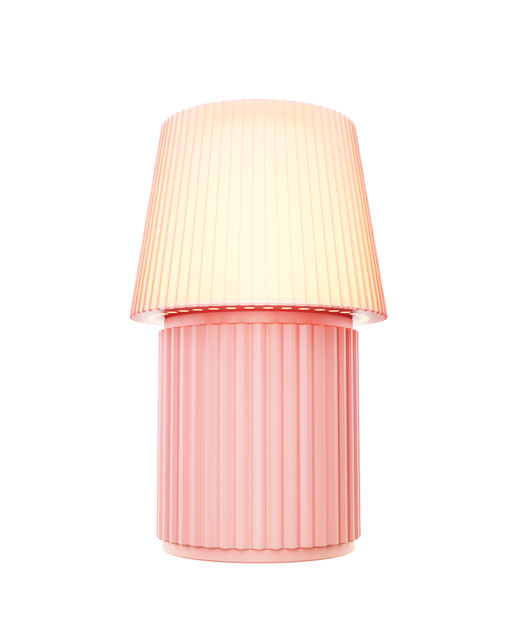 Kono Blush table lamp by Lempori illuminated with warm white LED light on a white background.