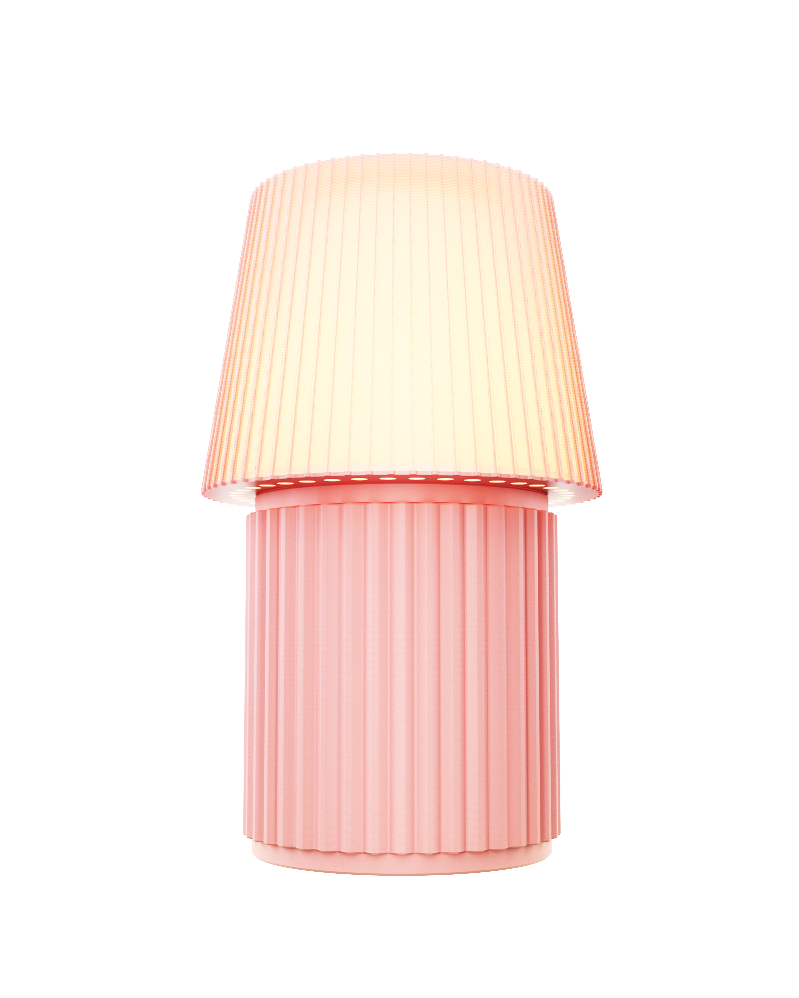 Kono Blush table lamp by Lempori illuminated with warm white LED light on a white background.