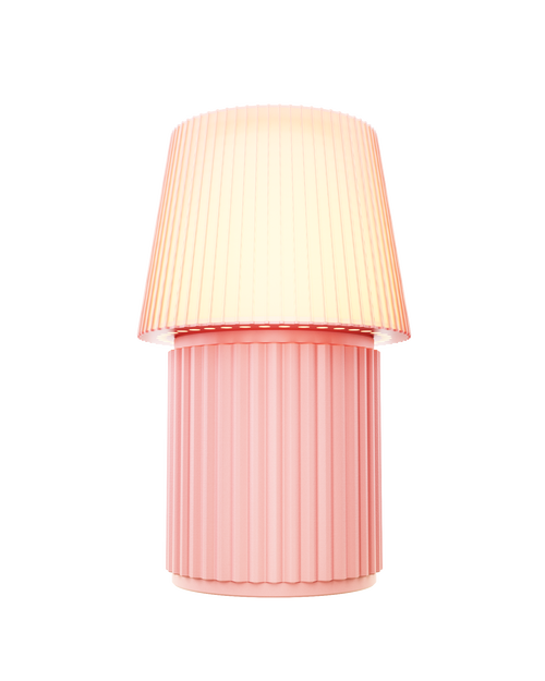 Kono Blush table lamp by Lempori illuminated with warm white LED light on a white background.