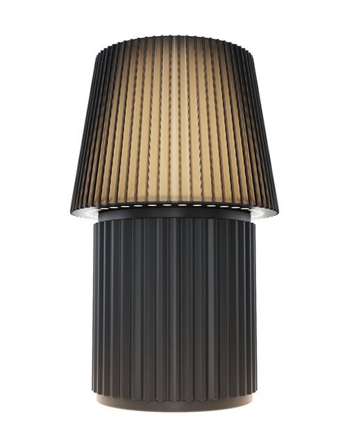 Lempori Kono Moss modern table lamp with a ribbed pleated shade in graphite black, illuminated with a soft warm glow on a white background.