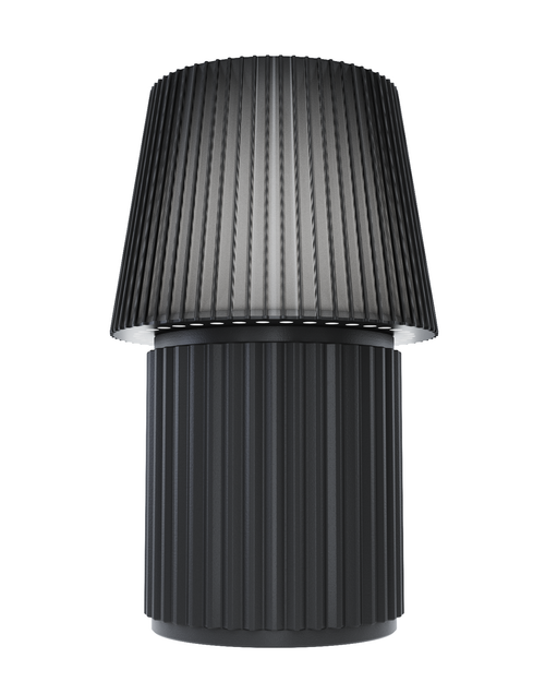 Lempori Kono Graphite modern table lamp with a ribbed pleated shade in graphite black and a matching cylindrical base, isolated on a white background.