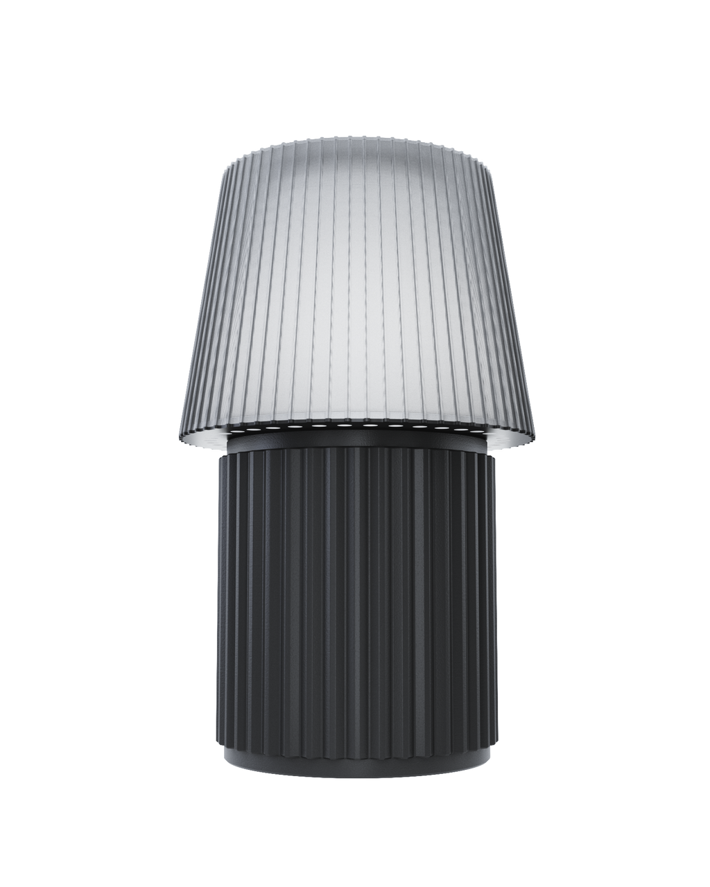 Kono Graphite table lamp by Lempori with a ribbed fluted base and matching shade on a white background.