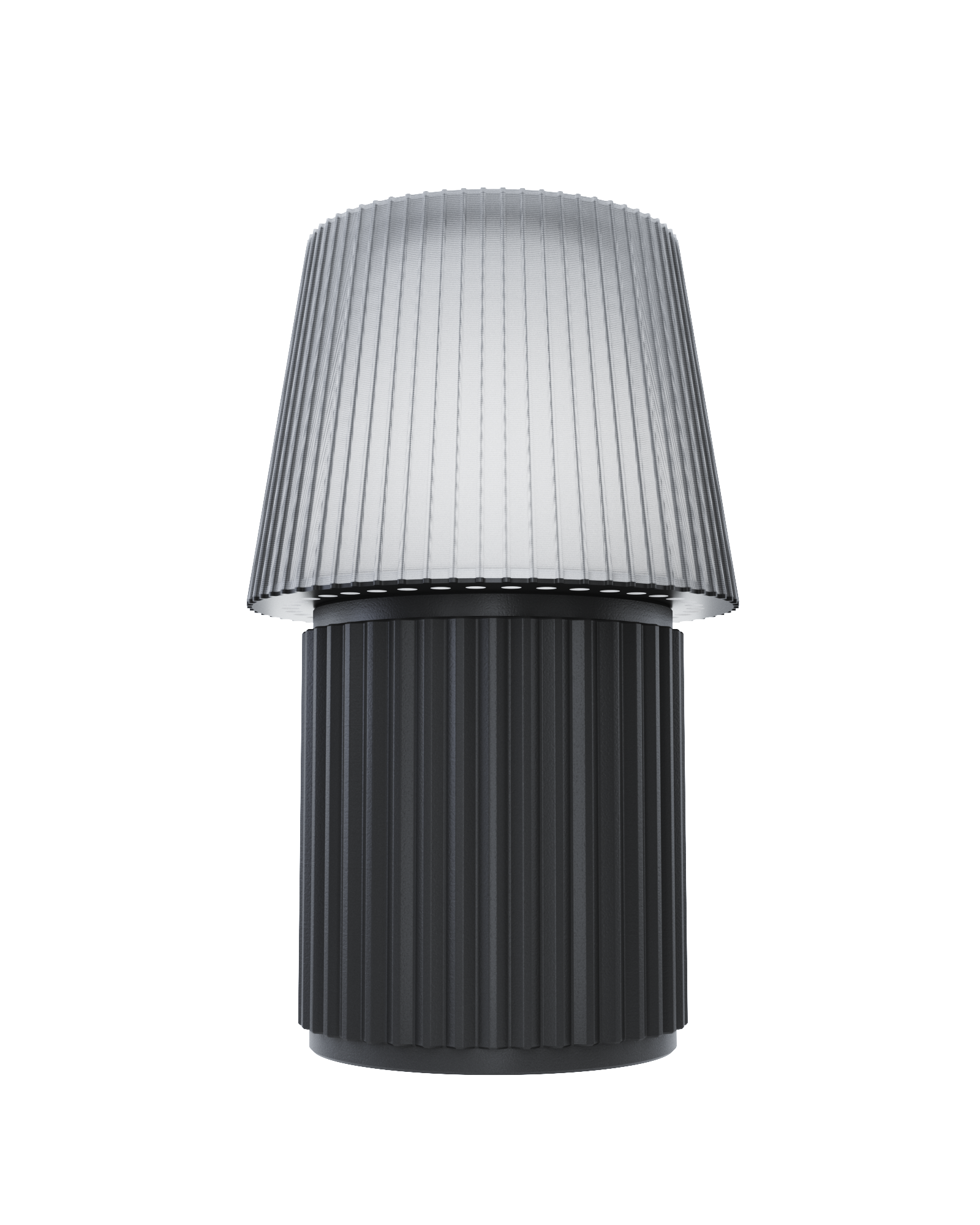 Kono Graphite table lamp by Lempori with a ribbed fluted base and matching shade on a white background.