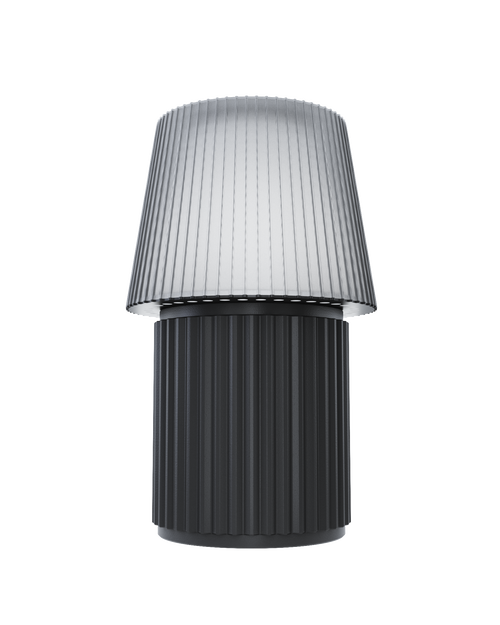 Kono Graphite table lamp by Lempori with a ribbed fluted base and matching shade on a white background.