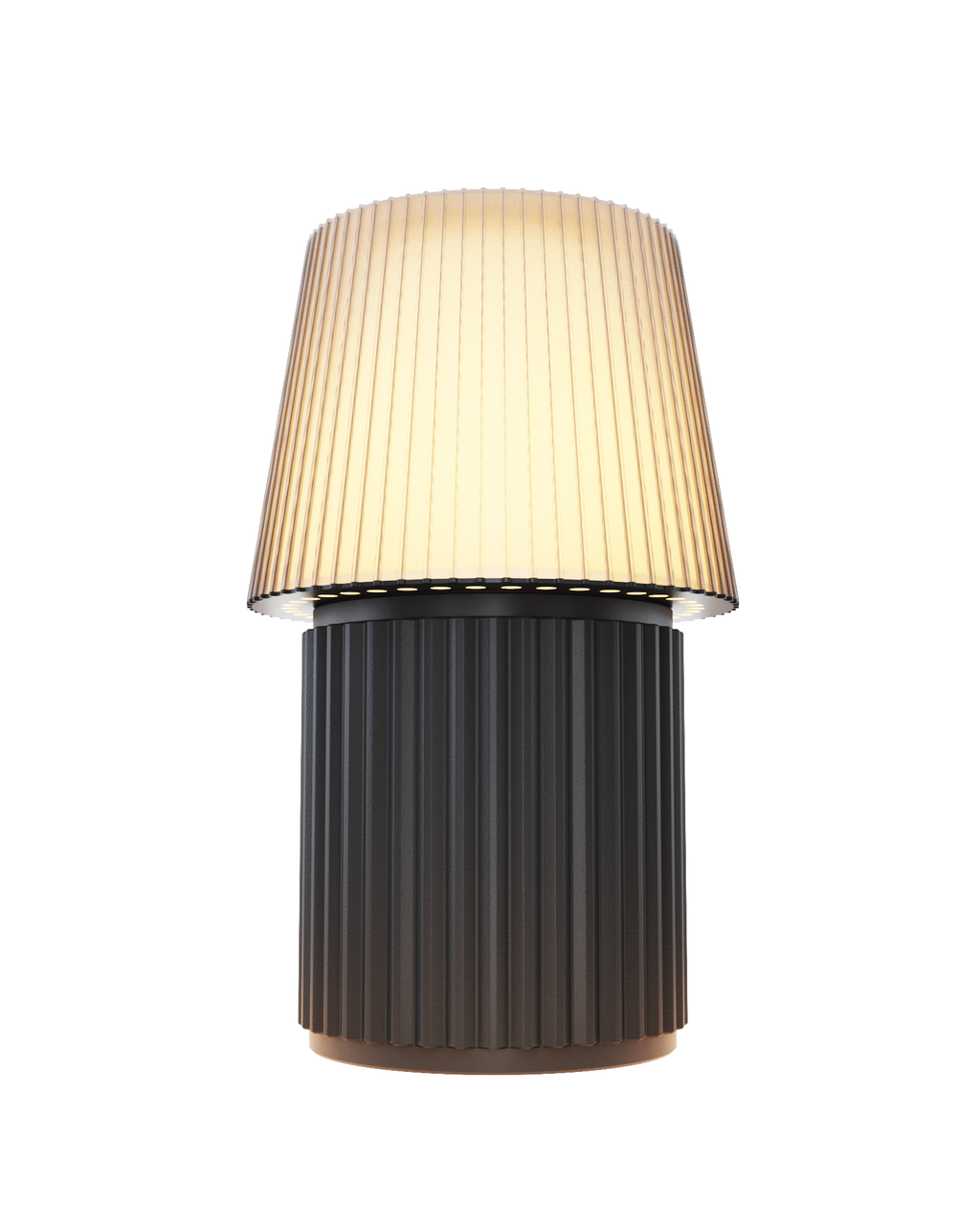 Kono Graphite table lamp by Lempori illuminated with warm white LED light on a white background.