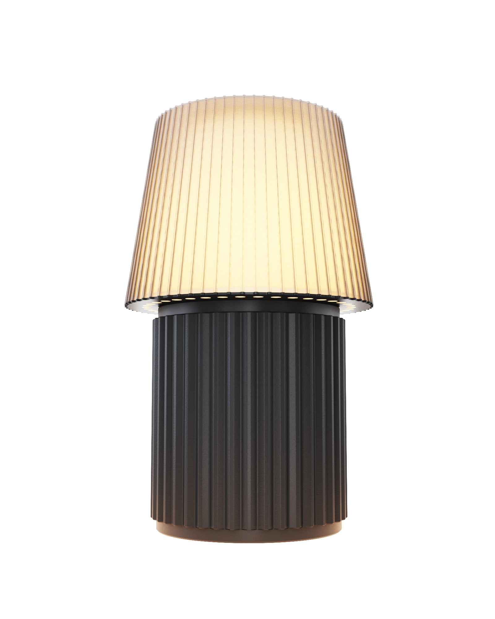 Kono Graphite table lamp by Lempori illuminated with warm white LED light on a white background.