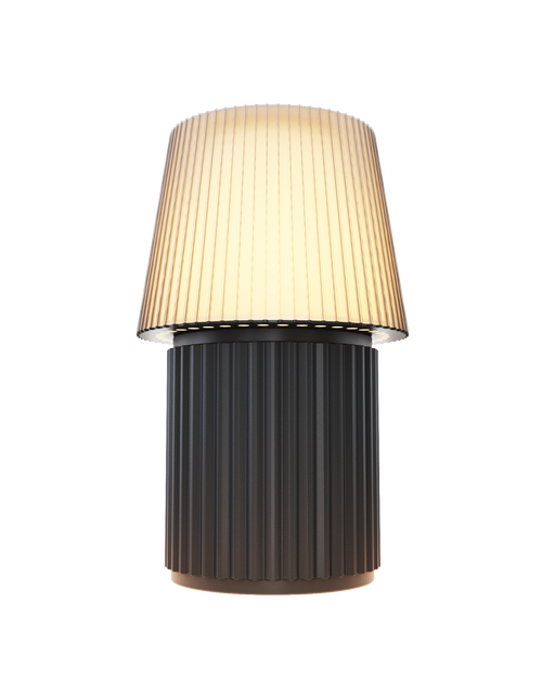 Kono Graphite table lamp by Lempori illuminated with warm white LED light on a white background.