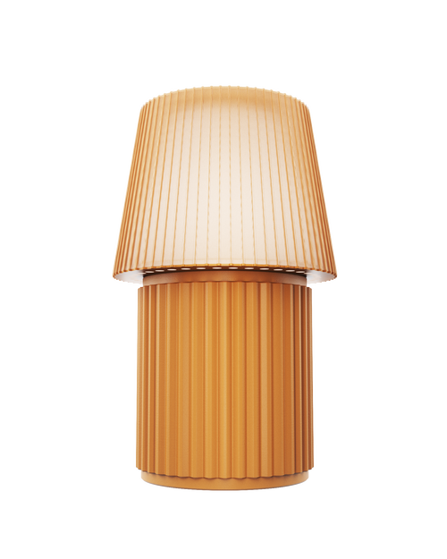 Kono Honey table lamp by Lempori with a ribbed fluted base and matching shade on a white background.