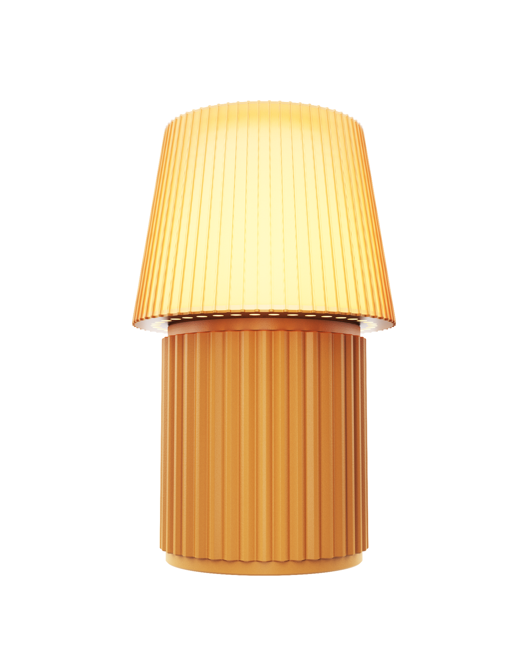 Kono Honey table lamp by Lempori illuminated with warm white LED light on a white background.