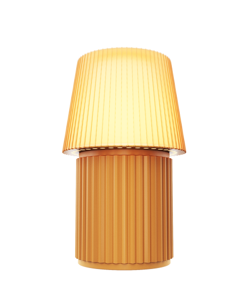 Kono Honey table lamp by Lempori illuminated with warm white LED light on a white background.
