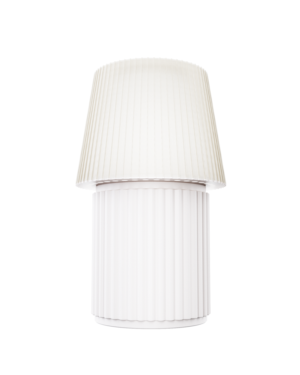 Kono Ivory table lamp by Lempori with a ribbed fluted base and matching shade on a white background.