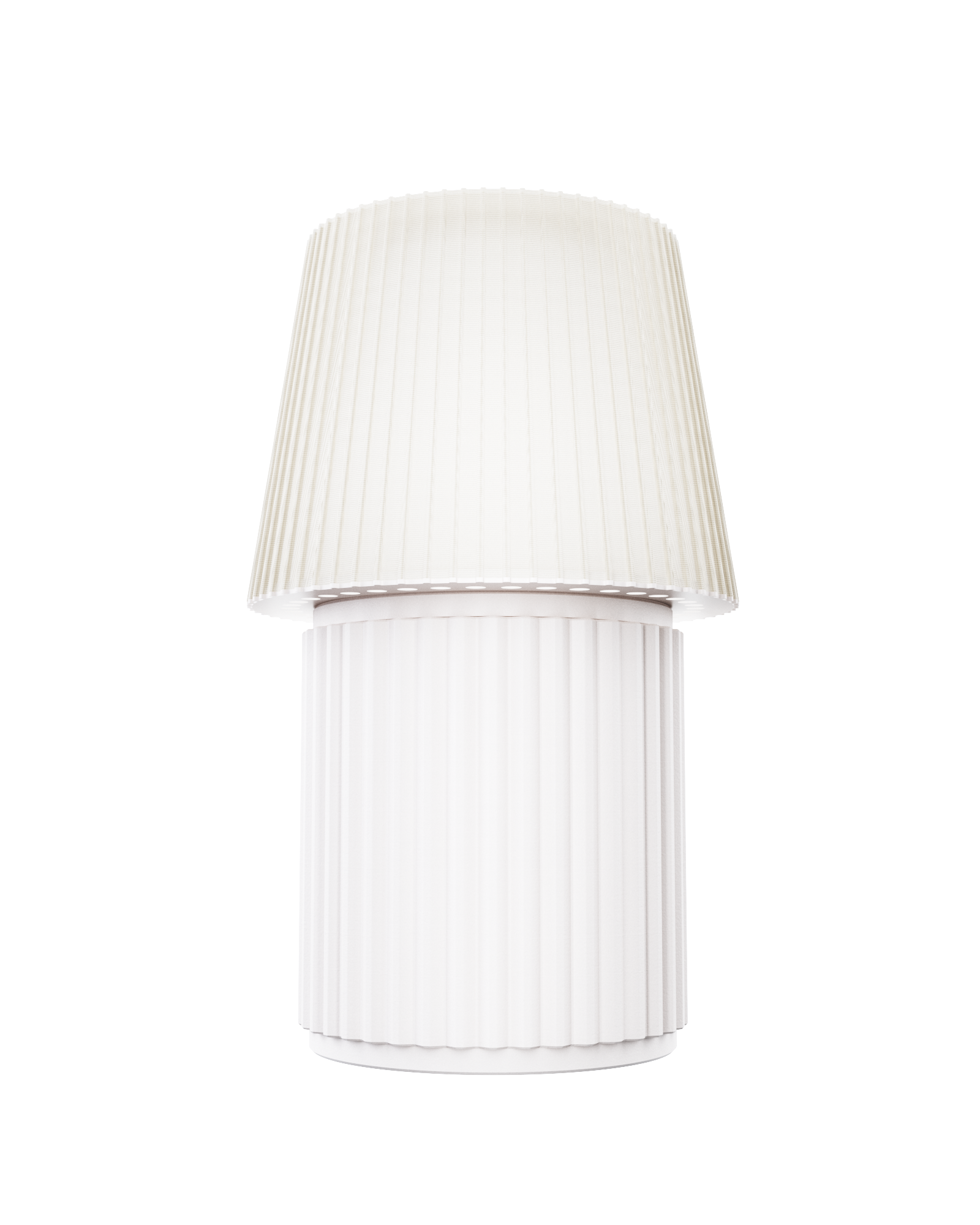 Kono Ivory table lamp by Lempori with a ribbed fluted base and matching shade on a white background.