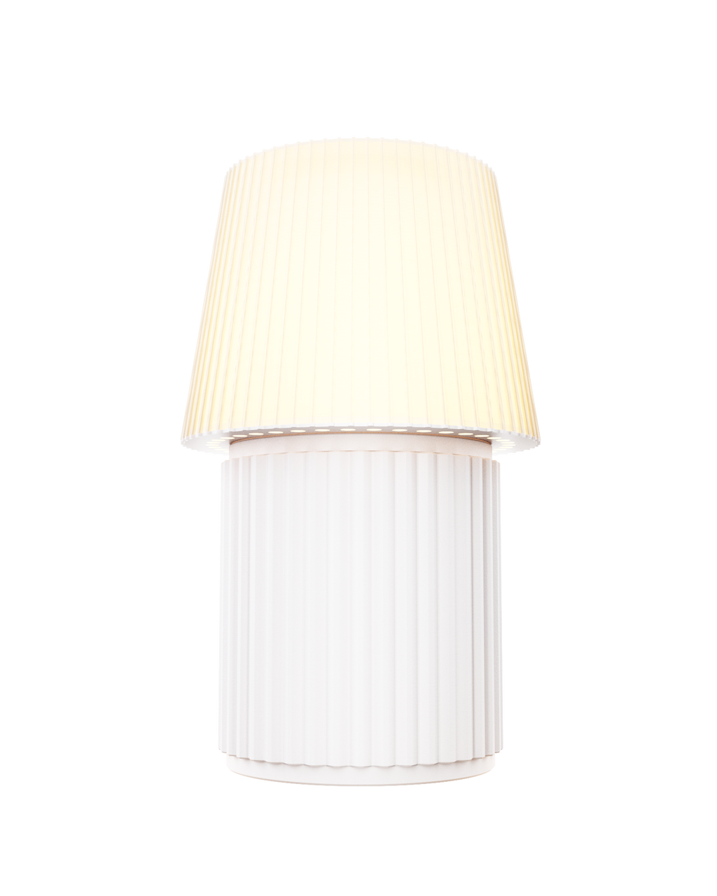 Kono Ivory table lamp by Lempori illuminated with warm white LED light on a white background.