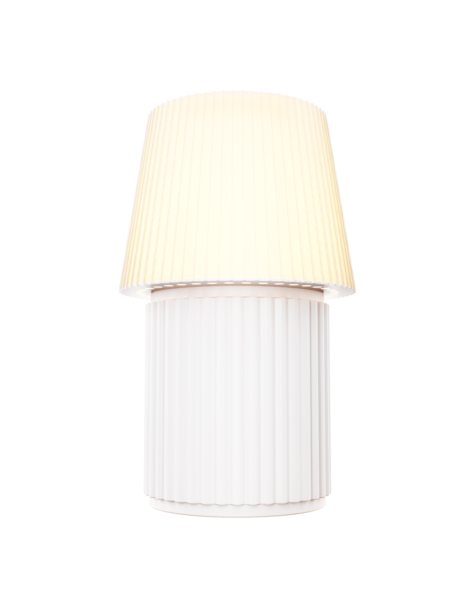 Kono Ivory table lamp by Lempori illuminated with warm white LED light on a white background.