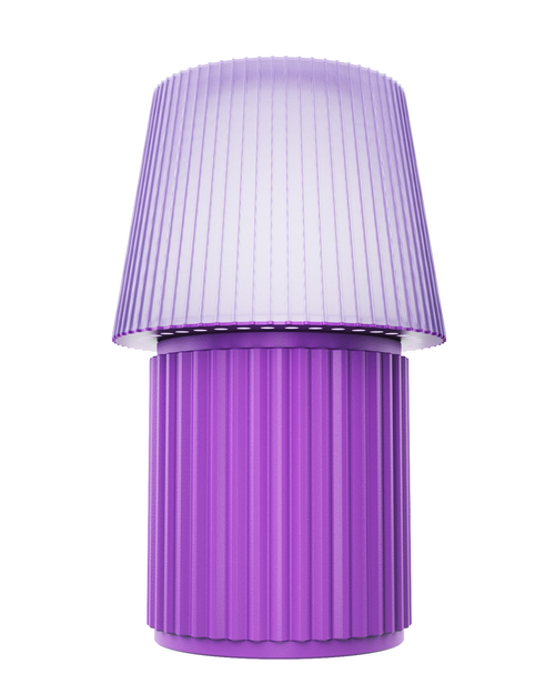 Lempori Kono Lavender modern table lamp with a ribbed pleated shade in soft lavender purple and a matching cylindrical base, isolated on a white background.