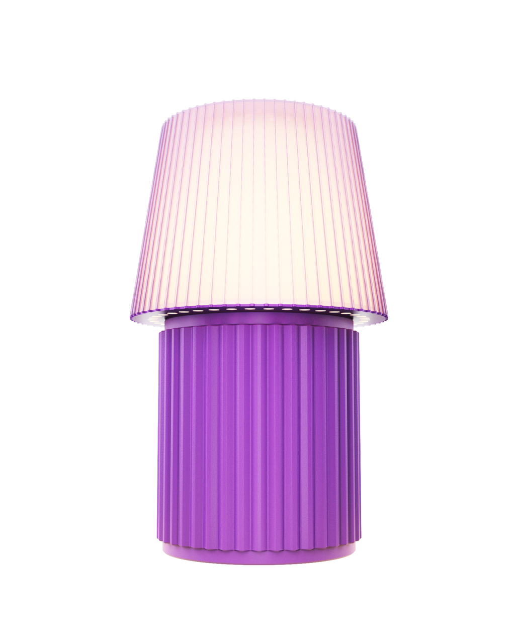 Kono Lavender table lamp by Lempori illuminated with warm white LED light on a white background.