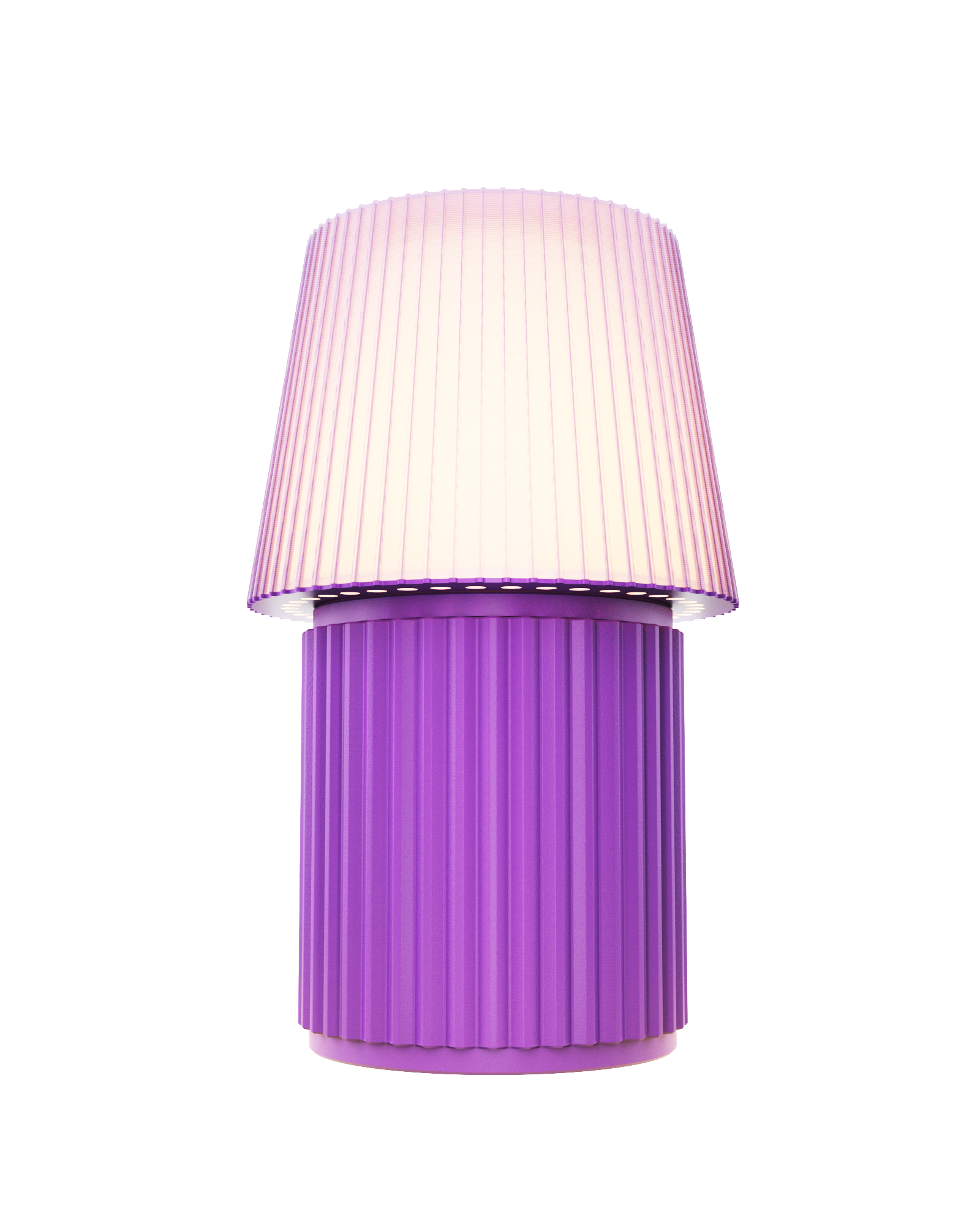 Kono Lavender table lamp by Lempori illuminated with warm white LED light on a white background.