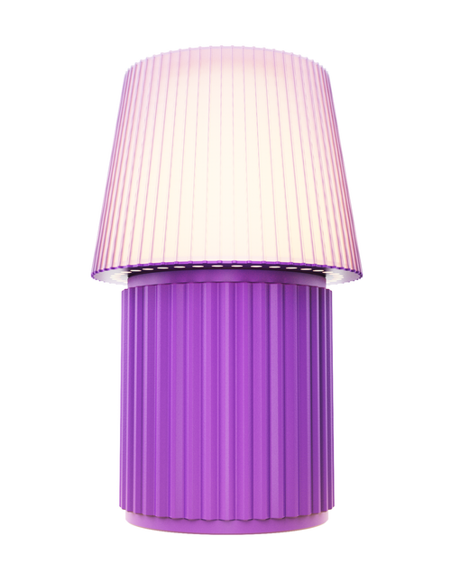 Lempori Kono Lavender modern table lamp with a ribbed pleated shade in soft lavender purple, illuminated with a soft warm glow on a white background.