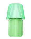 A mint green ribbed table lamp with a flared shade and cylindrical base, shown against a plain white background.