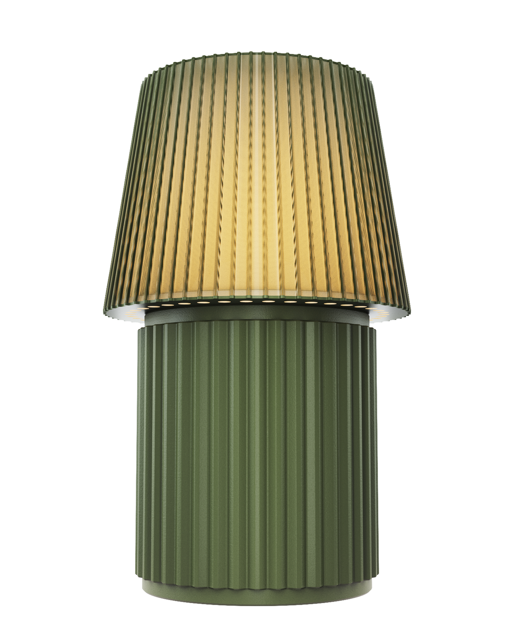 Lempori Kono Moss modern table lamp with a ribbed pleated shade in natural moss green, illuminated with a soft warm glow on a white background.