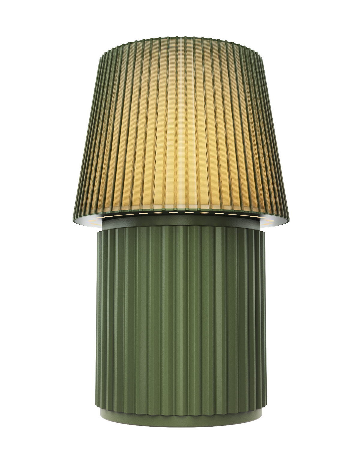Lempori Kono Moss modern table lamp with a ribbed pleated shade in natural moss green, illuminated with a soft warm glow on a white background.
