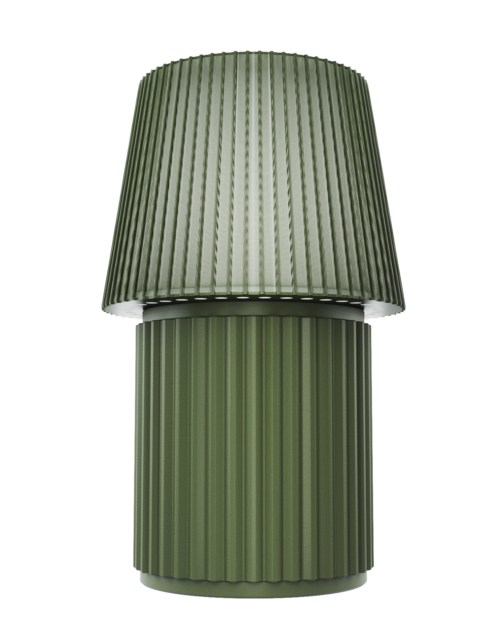 Lempori Kono Moss modern table lamp with a ribbed pleated shade in soft moss green and a matching cylindrical base, isolated on a white background.
