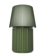 Lempori Kono Moss modern table lamp with a ribbed pleated shade in soft moss green and a matching cylindrical base, isolated on a white background.