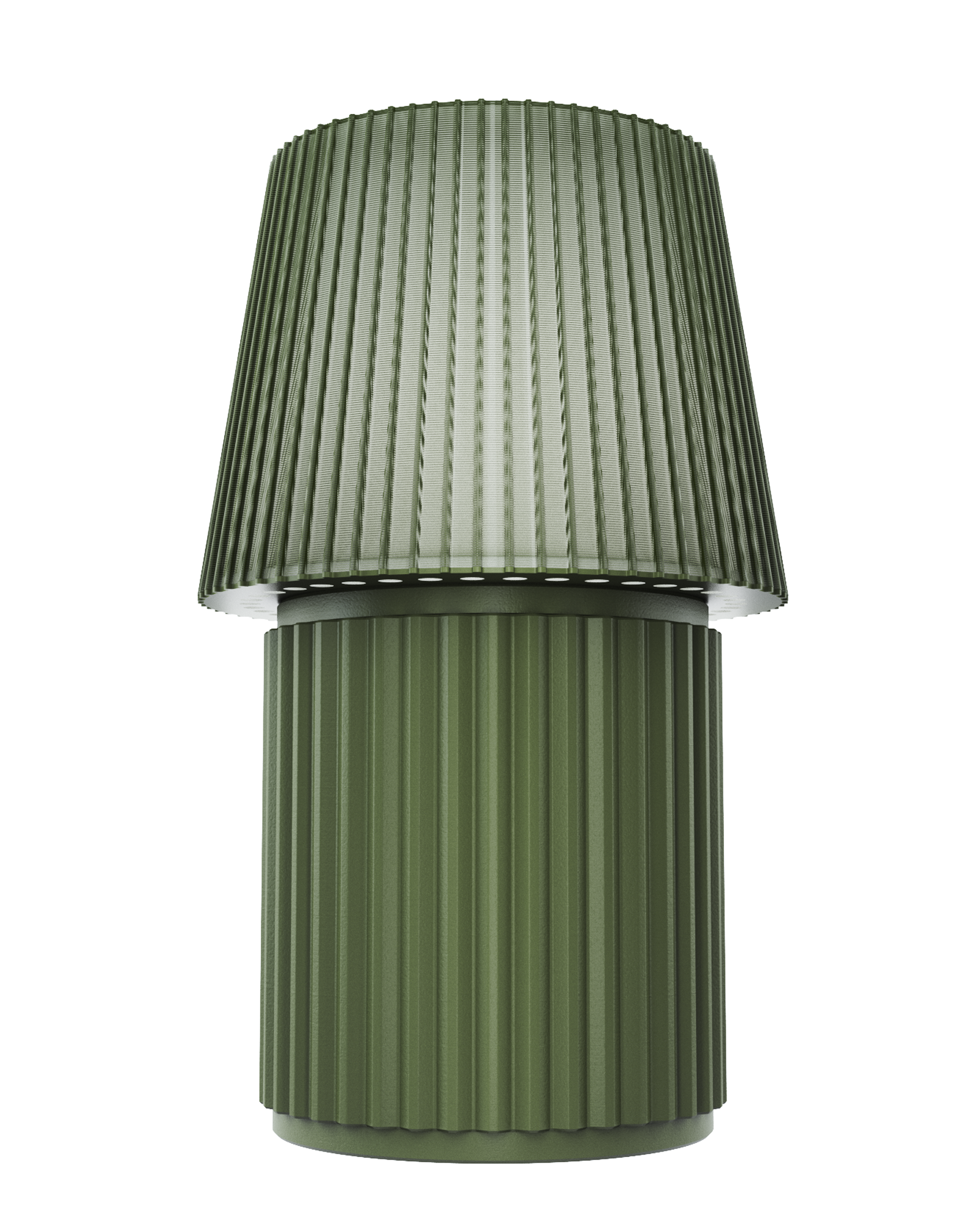 Lempori Kono Moss modern table lamp with a ribbed pleated shade in soft moss green and a matching cylindrical base, isolated on a white background.