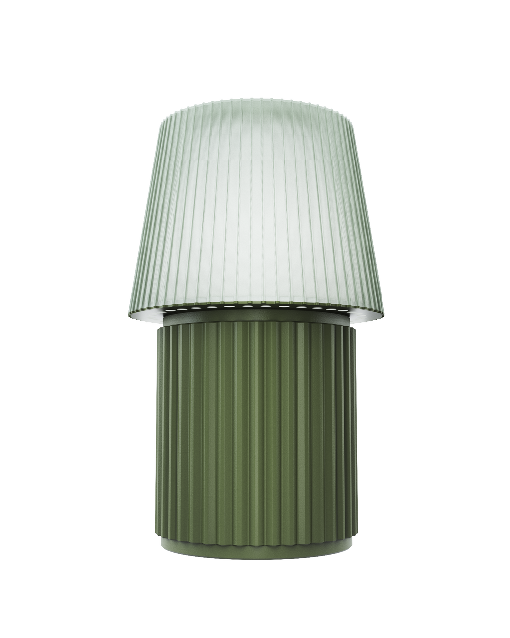 Kono Moss table lamp by Lempori with a ribbed fluted base and matching shade on a white background.