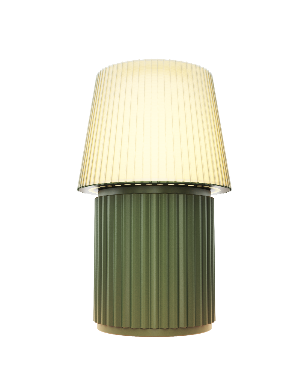 Kono Moss table lamp by Lempori illuminated with warm white LED light on a white background.