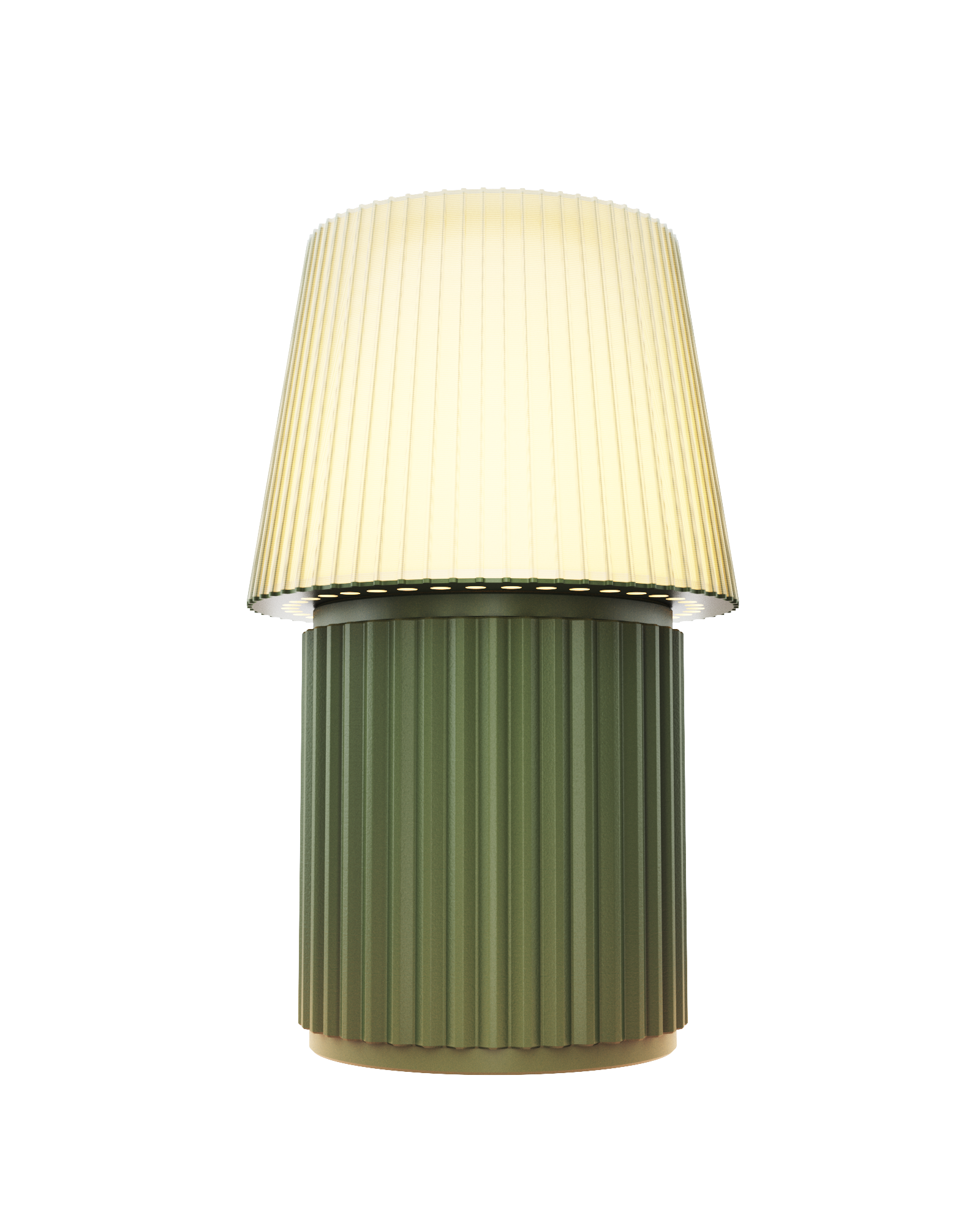 Kono Moss table lamp by Lempori illuminated with warm white LED light on a white background.