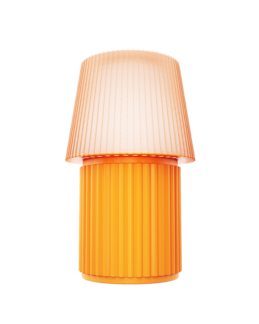 Kono Ochre table lamp by Lempori with a ribbed fluted base and matching shade on a white background.