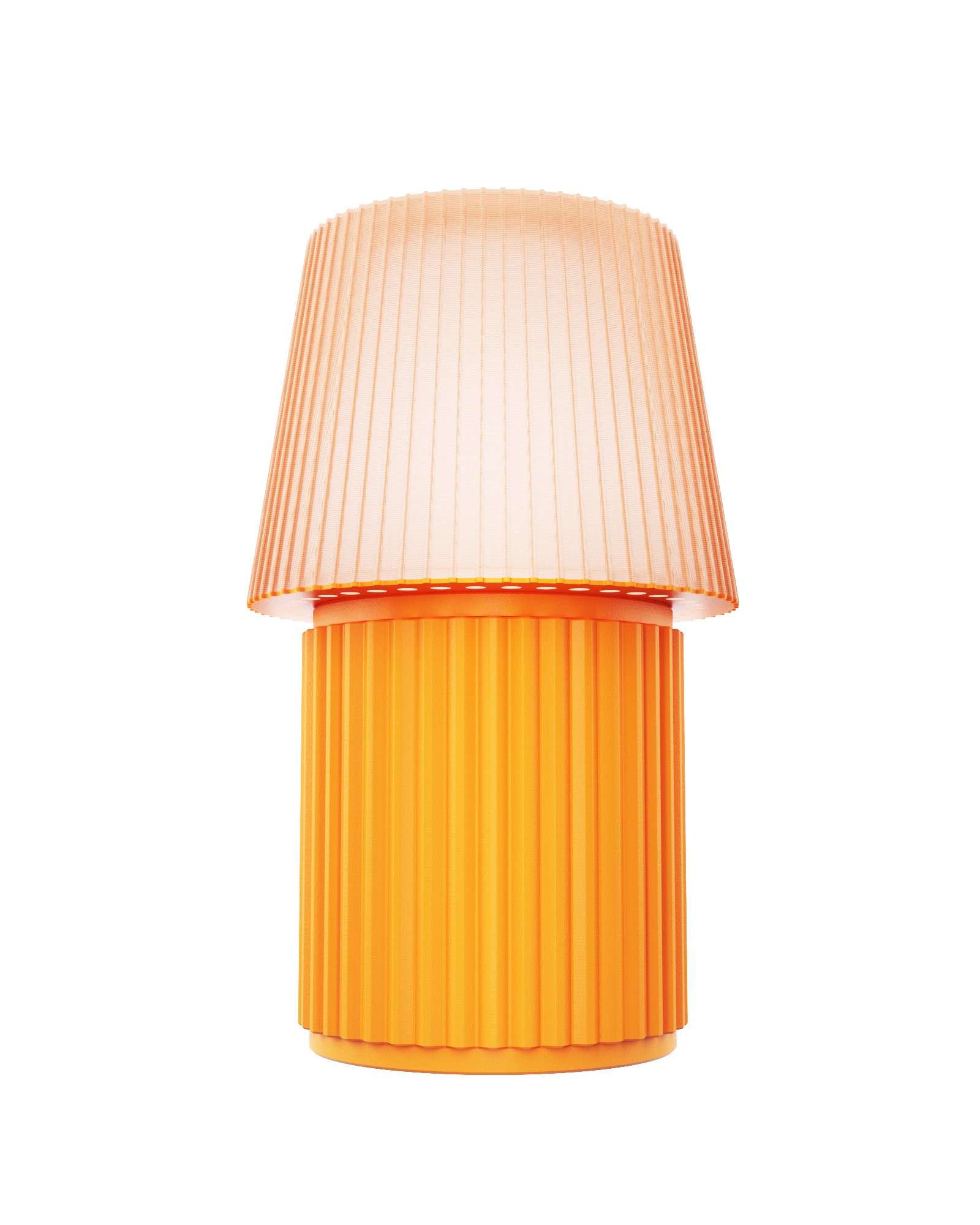 Kono Ochre table lamp by Lempori with a ribbed fluted base and matching shade on a white background.