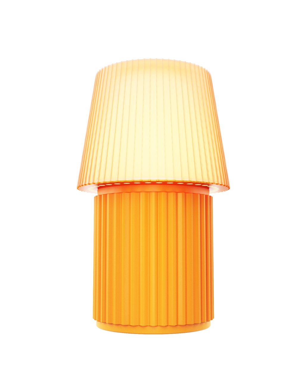 Kono Ochre table lamp by Lempori illuminated with warm white LED light on a white background.