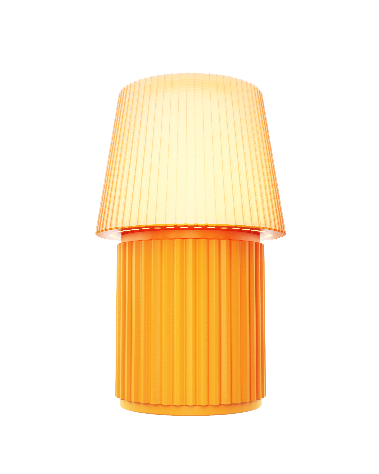 Kono Ochre table lamp by Lempori illuminated with warm white LED light on a white background.